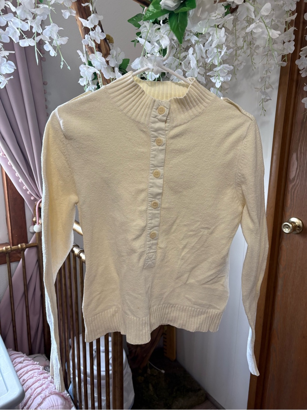 Vintage Cream Button-Front Turtleneck Sweater